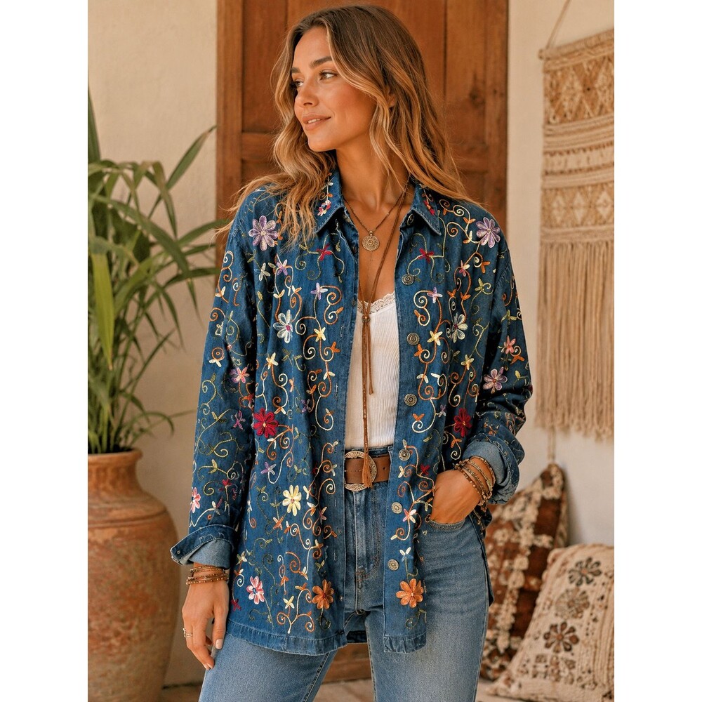 Vintage Life Style Womens 1X Denim Jacket Floral Embroidered Grannycore 90s
